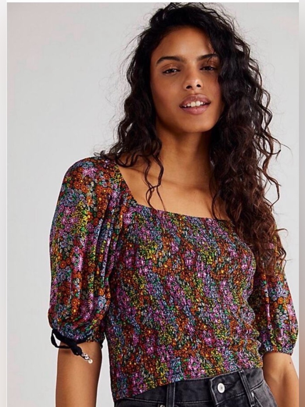 Free People Back On Top Floral Puff Sleeve Smocked Shirred Crop Top